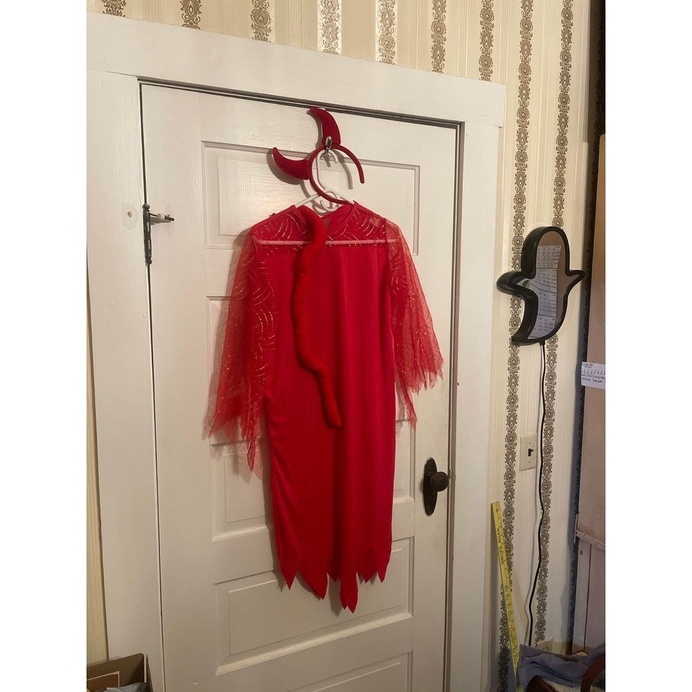 Girls devil costume with gold glitter arms and a tail and horns